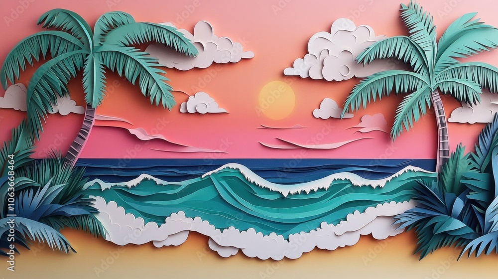 Obraz premium Tropical Paper Cutout Landscape in Bright Colors