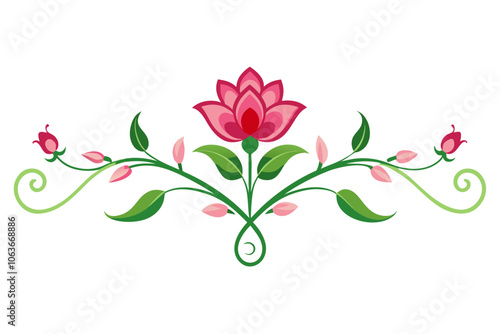 Elegant Floral Divider with Pink Flower and Green Leaves for Decorative Designs. Abstract Background.