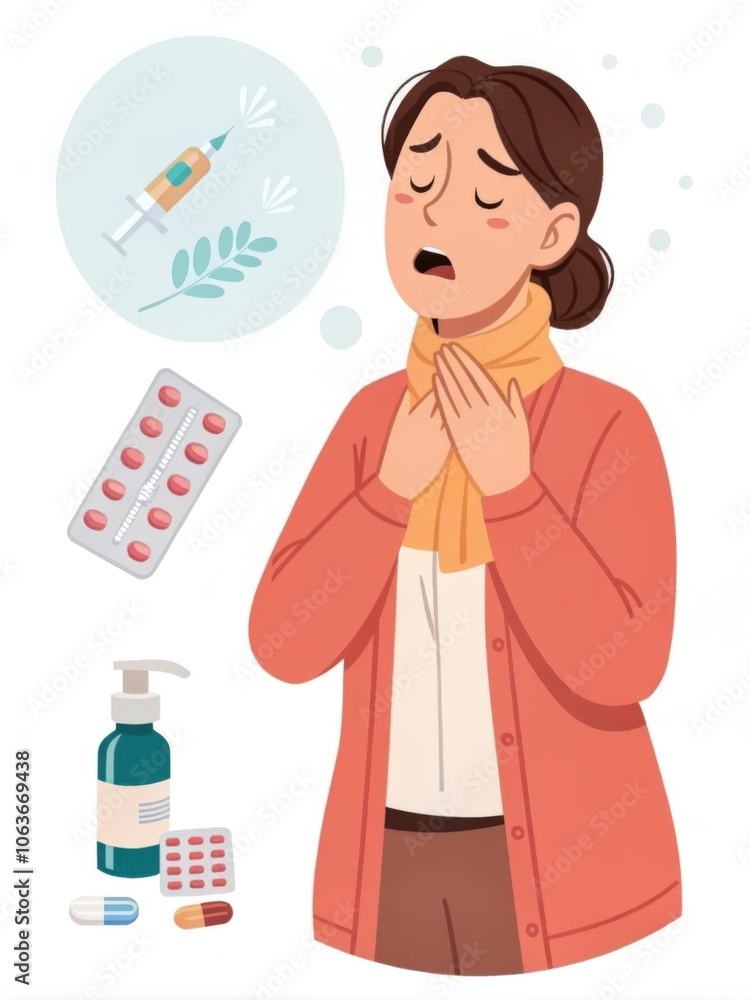 Woman with a sore throat weighs vaccination and medication options, emphasizing the significance of healthcare choices when unwell Woman with a sore throat weighs vaccination and medication options, emphasizing the significance of healthcare choices when unwell
