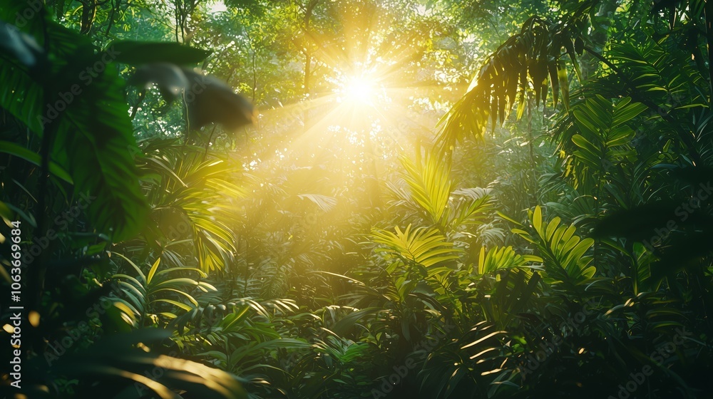 Naklejka premium Sunlight Breaking Through Lush Forest Clearing
