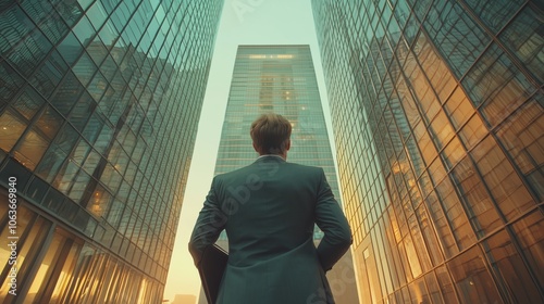 Businessman in Suit Looking Up at Skyscraper Towers