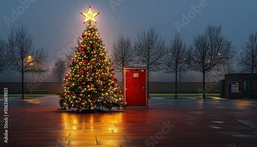Wallpaper Mural Illuminated Christmas Tree in Rainy Dusk with Silhouette Trees and Red Door Torontodigital.ca