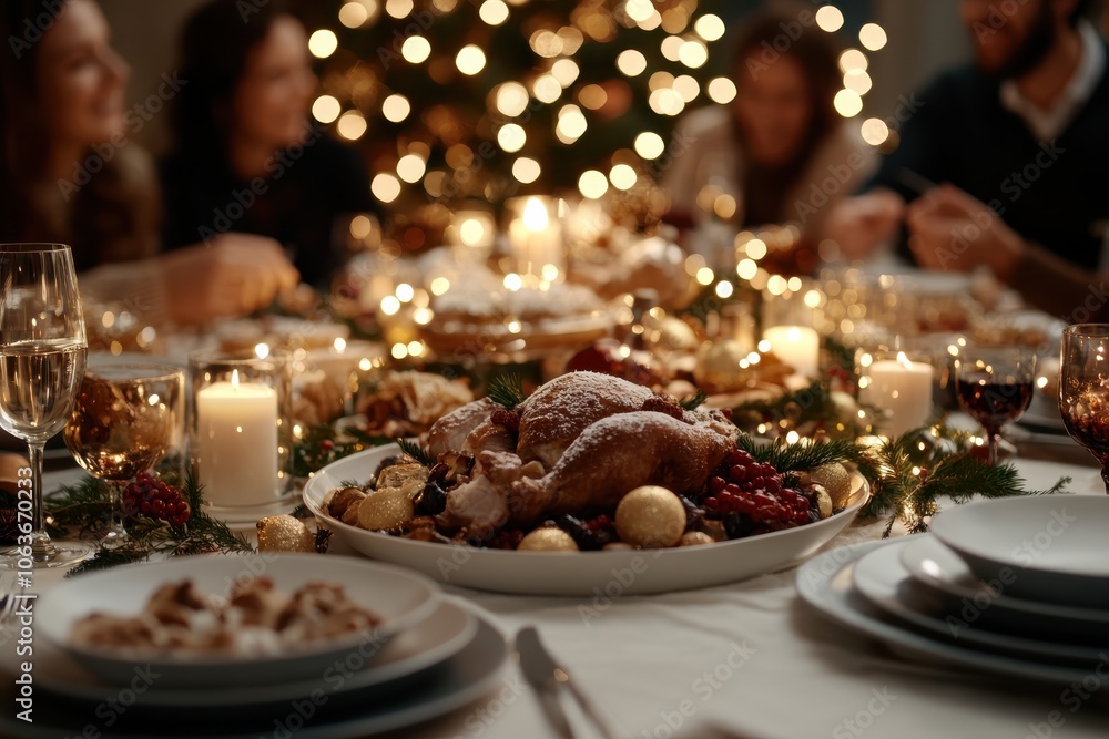 A beautifully decorated dinner table set for a festive occasion, adorned with glowing lights and candles, showcasing a sumptuous roast turkey centerpiece surrounded by delicacies. A beautifully decorated dinner table set for a festive occasion, adorned with glowing lights and candles, showcasing a sumptuous roast turkey centerpiece surrounded by delicacies.