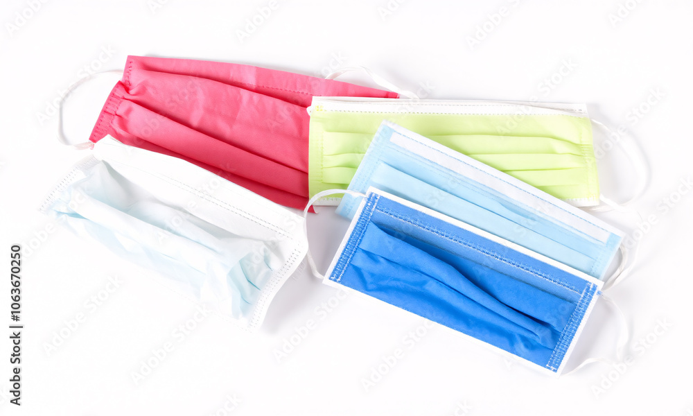 A set of medical masks arranged on a white background