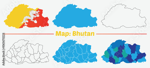 Bhutan Map Colors and flag on White Background quality files, bhutan map administrative divisions. 