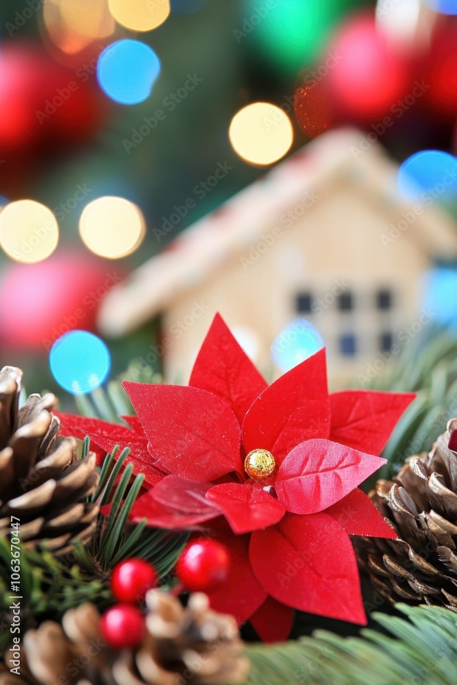 Obraz premium Festive Christmas decoration with poinsettia pine cones