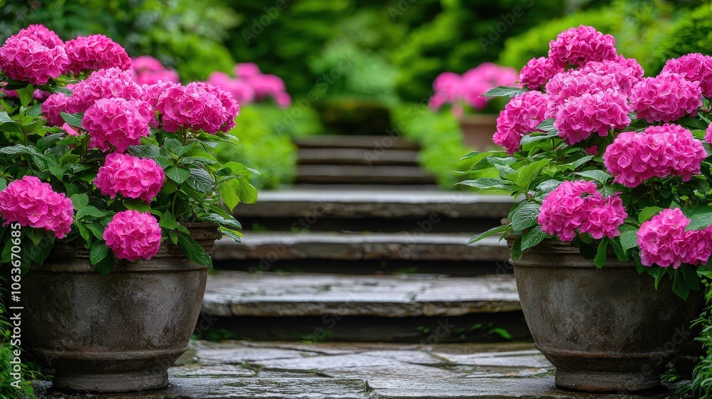 A serene garden pathway lined with vibrant pink hydrangeas in decorative pots, inviting tranquility and beauty. A serene garden pathway lined with vibrant pink hydrangeas in decorative pots, inviting tranquility and beauty.