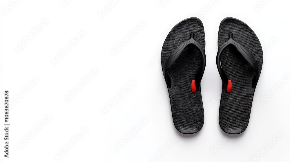 Black Flip Flops: Minimalist black flip flops with red accents, ready for summer adventures. Perfect for showcasing comfort, casual wear, or beach style. Black Flip Flops: Minimalist black flip flops with red accents, ready for summer adventures. Perfect for showcasing comfort, casual wear, or beach style.