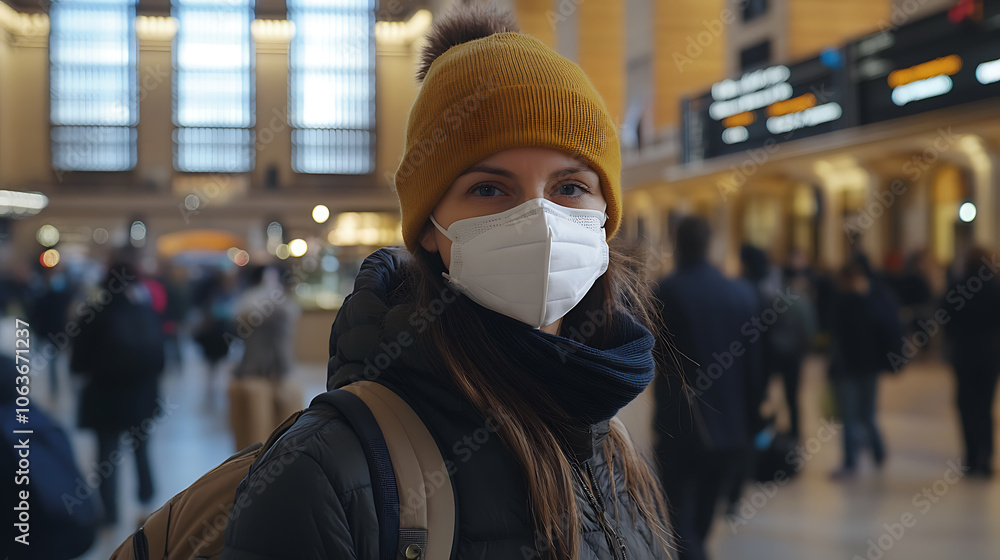 Woman wears mask in busy train station Woman wears mask in busy train station