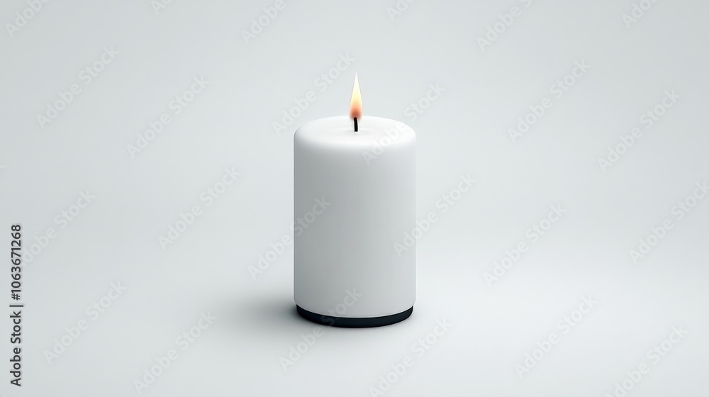 Peaceful Candlelight: A single, cylindrical white candle burns serenely against a minimalist background, radiating a sense of calm and tranquility. Peaceful Candlelight: A single, cylindrical white candle burns serenely against a minimalist background, radiating a sense of calm and tranquility.
