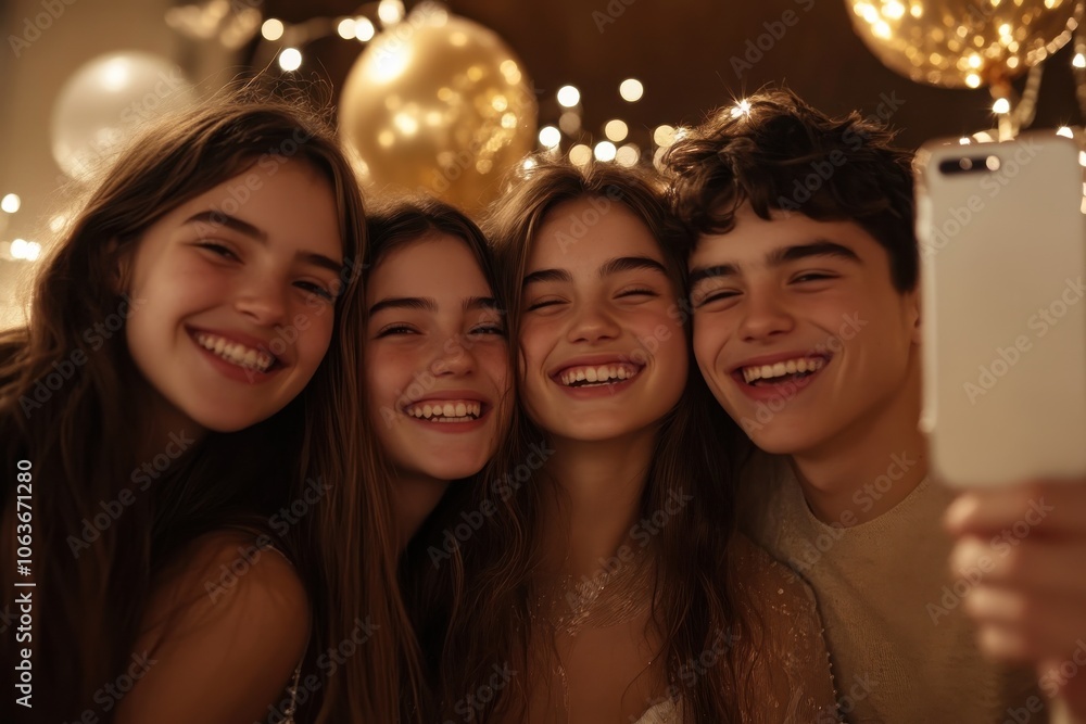 A group of smiling teenagers takes a selfie, capturing youthful excitement amidst a backdrop of holiday decorations and bright, cheerful lights in a festive ambience. A group of smiling teenagers takes a selfie, capturing youthful excitement amidst a backdrop of holiday decorations and bright, cheerful lights in a festive ambience.