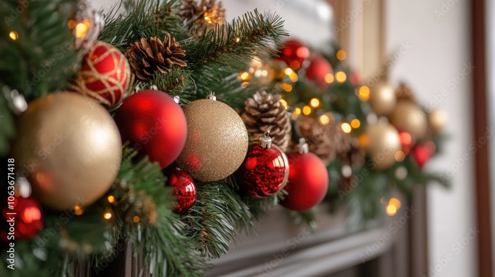 Christmas garland with green fir branches and cones on the background of a red wall with space for text. Copy space. Shallow depth of field and selective focus. Christmas garland with green fir branches and cones on the background of a red wall with space for text. Copy space. Shallow depth of field and selective focus.