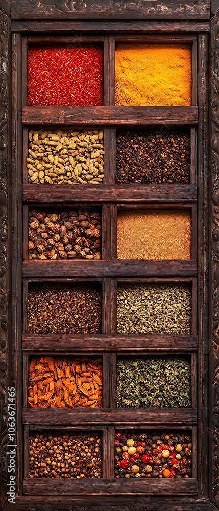 Spices neatly arranged in a wooden frame Spices neatly arranged in a wooden frame