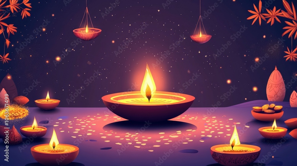 Illuminated Diya Lamps Under Starry Sky for Diwali Festival Illuminated Diya Lamps Under Starry Sky for Diwali Festival