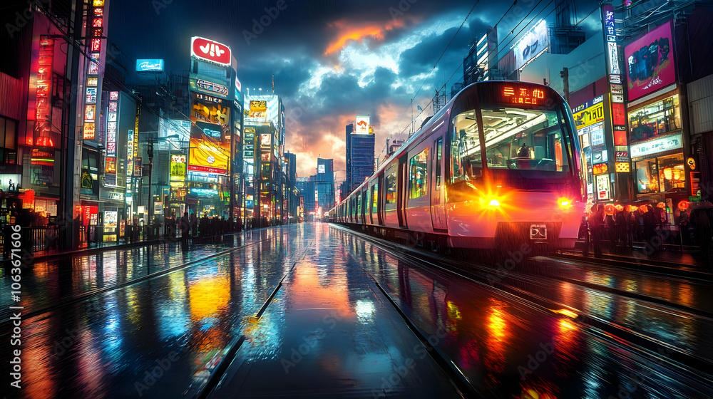 Fototapeta premium Rainy Night Cityscape with Train and Neon Lights - Digital Illustration