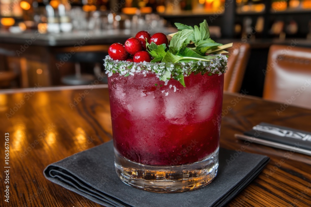 Refreshing cranberry cocktail with ice mint on bar counter Refreshing cranberry cocktail with ice mint on bar counter