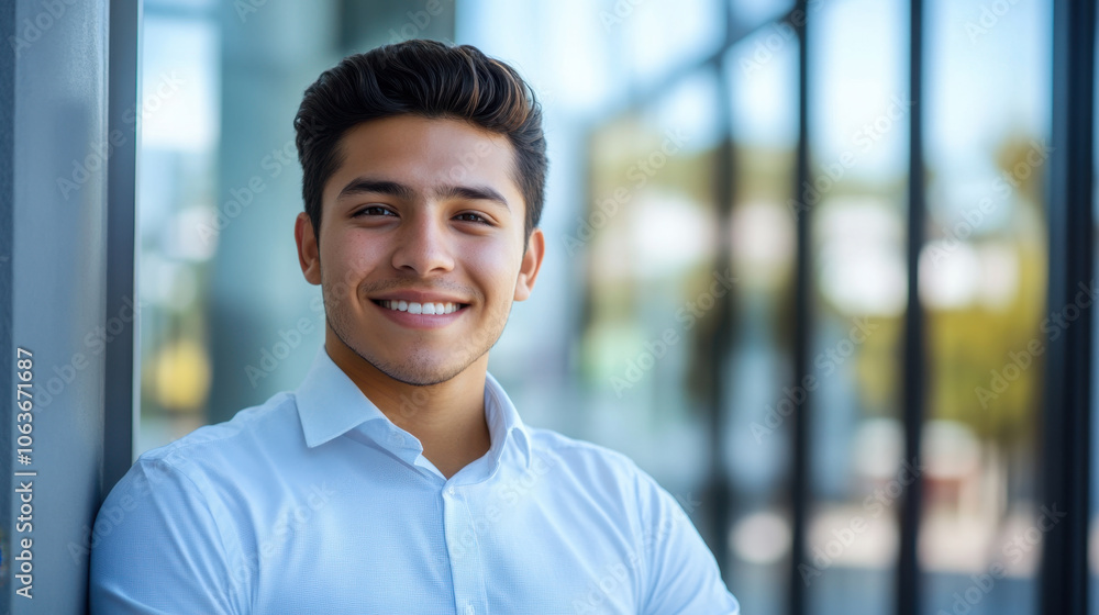 Fototapeta premium young Latino man smiles confidently while leaning against wall, showcasing modern and professional atmosphere. His cheerful expression reflects positivity and approachability