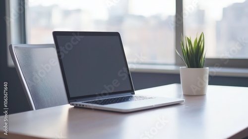 Wallpaper Mural A sleek laptop sits on a wooden desk next to a small potted plant, with sunlight streaming through a large window in the background. Torontodigital.ca