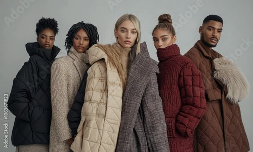 A diverse group of models showcasing a winter fashion collection, featuring layers of wool and quilted fabrics.