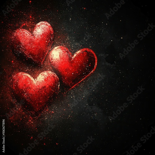 Three decorative red hearts are arranged against a dark backdrop, shimmering with a touch of sparkle. This artistic representation evokes feelings of love, passion, and emotion, perfect for romantic t photo