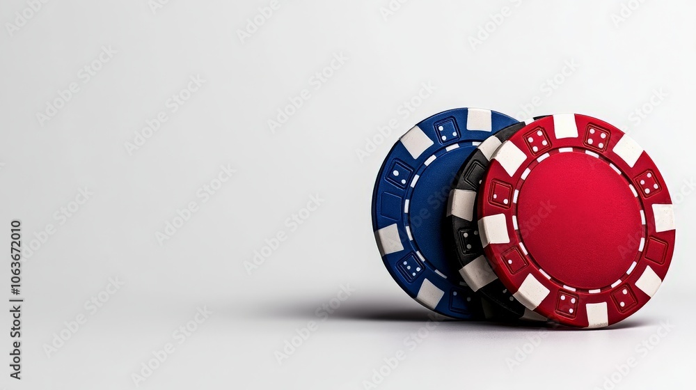 Poker Chips Close Up: A trio of colorful poker chips, a blue, black, and red, stand propped up against each other, against a clean, minimalist background. Poker Chips Close Up: A trio of colorful poker chips, a blue, black, and red, stand propped up against each other, against a clean, minimalist background.