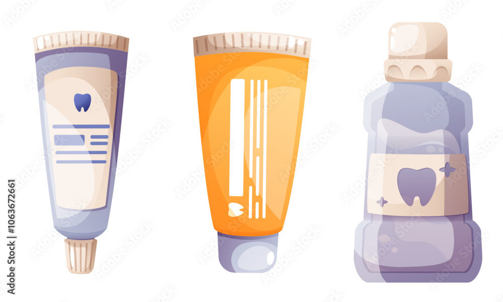 Oral hygiene set, toothpaste, tooth gel, mouthwash, mouth rinse. Oral hygiene and cleanliness. Healthy lifestyle and daily routine. Vector illustration of oral cleaning product on white background. Oral hygiene set, toothpaste, tooth gel, mouthwash, mouth rinse. Oral hygiene and cleanliness. Healthy lifestyle and daily routine. Vector illustration of oral cleaning product on white background.