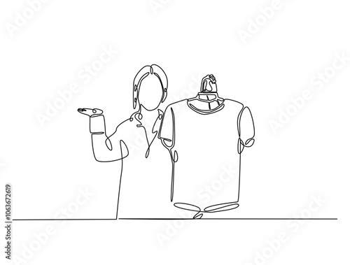 Continuous one line drawing of woman holding clothes on hangers. Shop assistant holding hangers with clothes single line draw vector illustration. Editable vector.