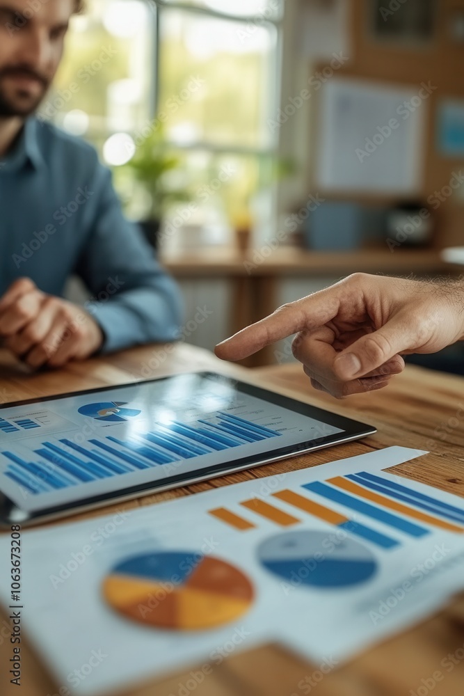 A hand points toward a tablet showcasing financial graphs during a business meeting, symbolizing focus and attention to detail in professional settings aiming for success. A hand points toward a tablet showcasing financial graphs during a business meeting, symbolizing focus and attention to detail in professional settings aiming for success.