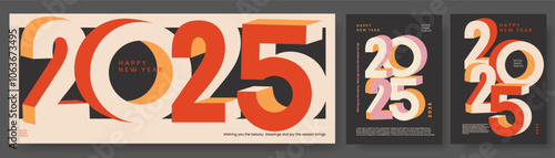 Happy New Year 2025 modern trendy poster set with numbers. Creative concept of banner, cover for calendar. Design template with typography