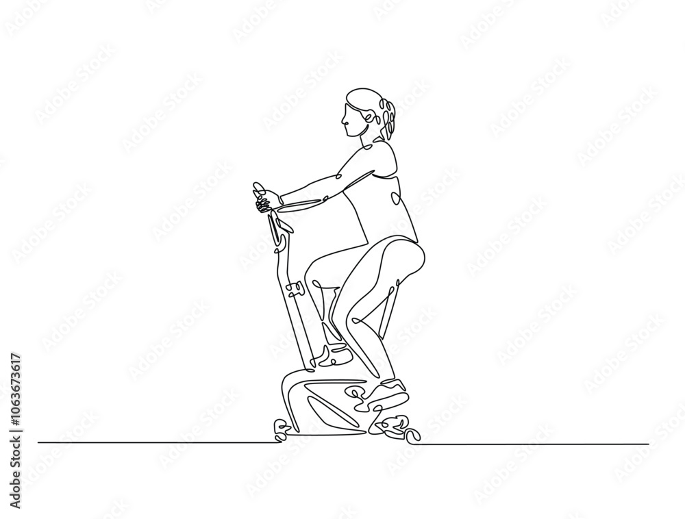 Continuous one line drawing of woman riding stationary bike. Cardio exercise using gym equipment single line draw vector illustration. Editable vector. Continuous one line drawing of woman riding stationary bike. Cardio exercise using gym equipment single line draw vector illustration. Editable vector.