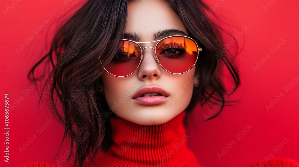 A stylish portrait of a woman wearing red sunglasses against a vibrant red background. A stylish portrait of a woman wearing red sunglasses against a vibrant red background.