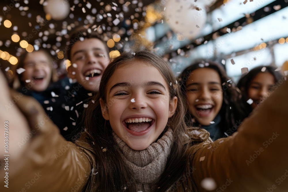 A vibrant group of teens enjoying a festive snowfall, capturing their excitement and laughter as they embrace the holiday spirit with wide smiles and open arms. A vibrant group of teens enjoying a festive snowfall, capturing their excitement and laughter as they embrace the holiday spirit with wide smiles and open arms.