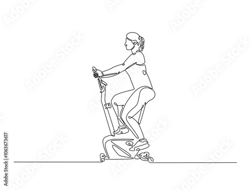 Continuous one line drawing of woman riding stationary bike. Cardio exercise using gym equipment single line draw vector illustration. Editable vector.