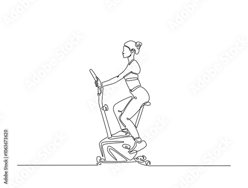 Continuous one line drawing of woman riding stationary bike. Cardio exercise using gym equipment single line draw vector illustration. Editable vector.
