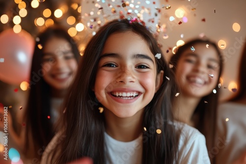 A close-up shot of friends smiling while confetti falls around them, with warm bokeh lights in the background, creating a mood of warmth and joyful celebration.