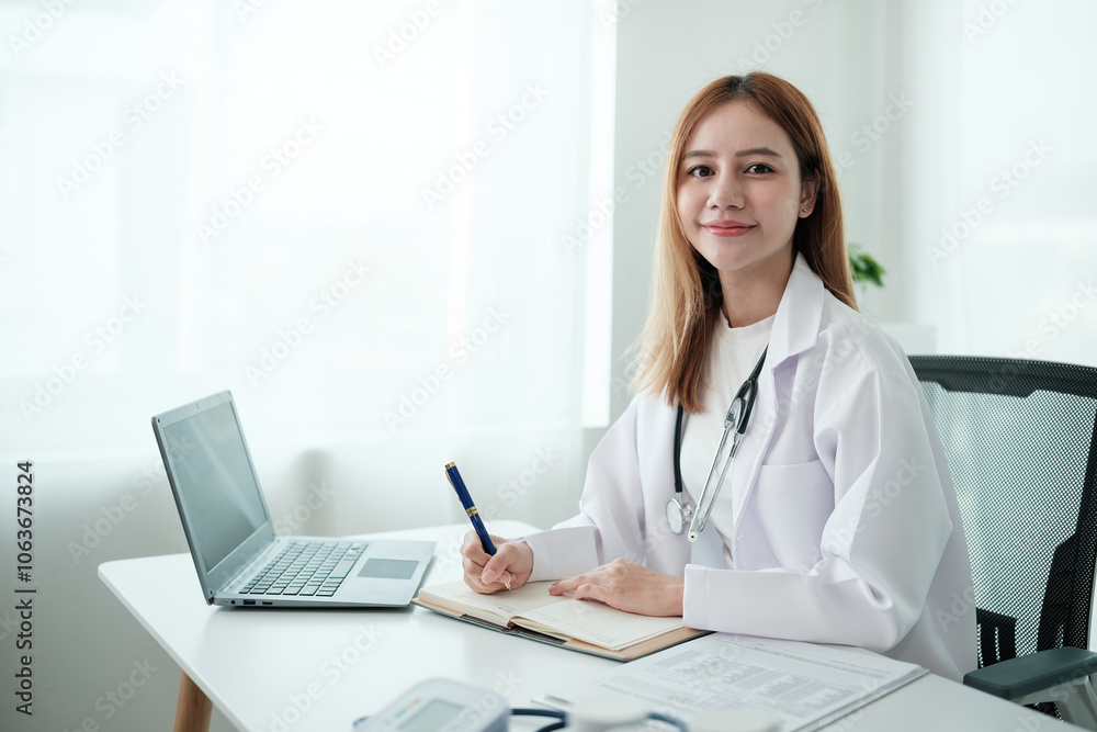A woman in a white lab coat is sitting at a desk with a laptop and a notebook A woman in a white lab coat is sitting at a desk with a laptop and a notebook