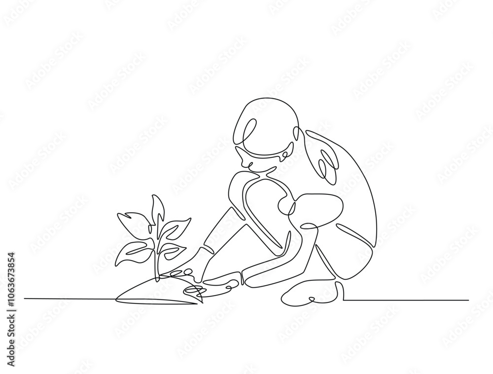 © Line addict - Continuous one line drawing of woman planting plant on the ground. Gardening single line draw vector illustration. Editable vector. © Line addict - Continuous one line drawing of woman planting plant on the ground. Gardening single line draw vector illustration. Editable vector.