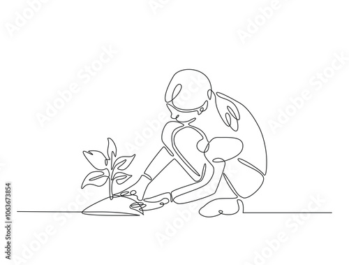 Continuous one line drawing of woman planting plant on the ground. Gardening single line draw vector illustration. Editable vector.