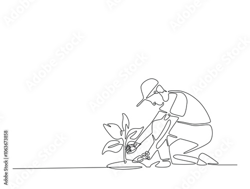 Continuous one line drawing of man planting plant on the ground. Gardening single line draw vector illustration. Editable vector.