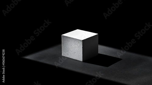 A stark black surface with a single white cube placed in the center, casting sharp shadows and highlighting minimalist form and contrast