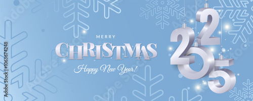 Merry Christmas and Happy New Year 2025 greeting card, banner. Luxury Xmas modern design with silver typography, snowflakes on blue background.
