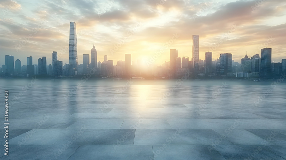 Cityscape Background - Sunrise Over Skyline with Empty Concrete Floor Cityscape Background - Sunrise Over Skyline with Empty Concrete Floor