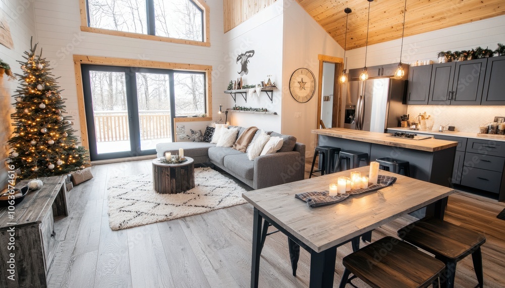 Cozy modern living room with a stylish design and festive decoration.