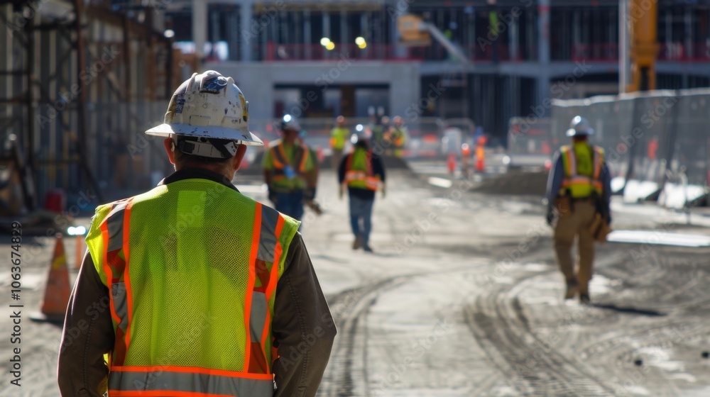 In the background workers are being reminded to wear their personal protective equipment while the safety officer walks through the site making sure everyone is in compliance. In the background workers are being reminded to wear their personal protective equipment while the safety officer walks through the site making sure everyone is in compliance.