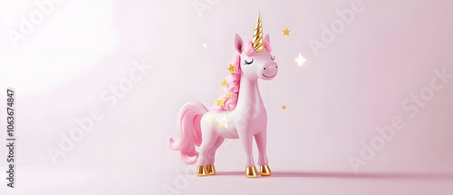 Pink Unicorn with Golden Horn and Stars on Pink Background