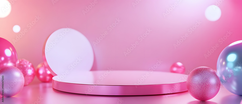 Pink and White 3D Rendered Product Display with Shiny Spheres Pink and White 3D Rendered Product Display with Shiny Spheres