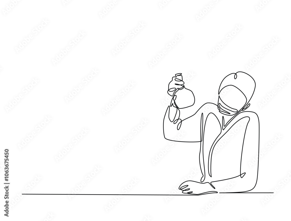 Continuous one line drawing of scientist holds flashk in labs. Editable vector. Continuous one line drawing of scientist holds flashk in labs. Editable vector.