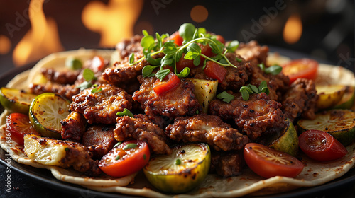 Meshana skara grilled meat with vegetables on plate photo