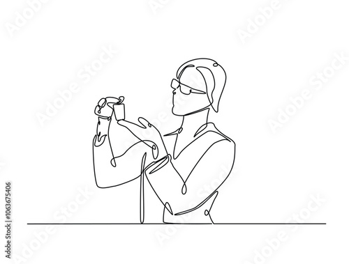 Continuous one line drawing of scientist holds flashk in labs. Editable vector.