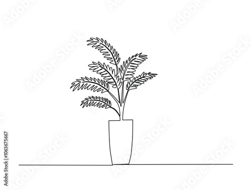 Continuous one line drawing of potted palm plant. Palm houseplant in single line draw vector illustration. Editable vector.
